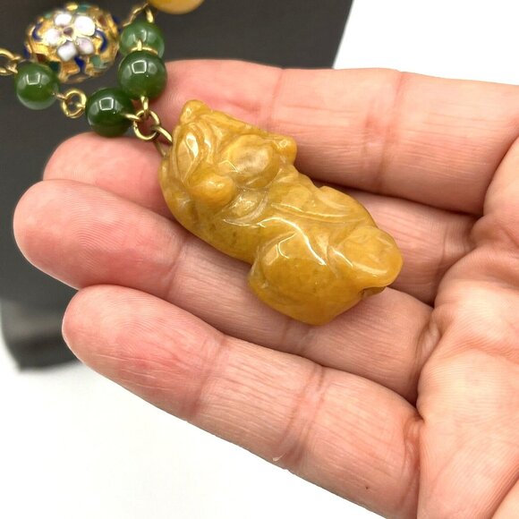 Yellow Jade & Green Nephrite Jade Cloisonne Beaded Carved Foo Dog Necklace 18" - Picture 8 of 12